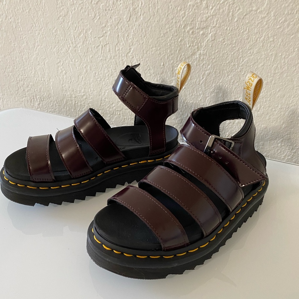 Dr Martens Vegan Blaire Cambridge Fisherman Sandals. Color: Burgundy